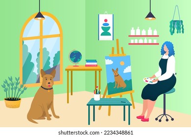 Painter woman character draw dog, vector illustration. Girl character have creative hobby, cartoon paint work, recreation at home.