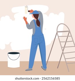 Painter woman, girl decorating wall with paint and roller. Female worker applying new color, painting during home renovation, room interior repair works. Hand drawn vector illustration .