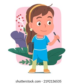 Painter woman holding drawing tablet and stylus. Designer girl child person cartoon character with graphics tablet digital device. Creative artist profession job occupation flat vector illustration