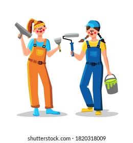 Painter Woman With Paint Roller And Tassel Vector. Happy Young Painter Girl Wearing Coveralls Holding Bucket And Equipment For Painting. Characters Repair Lady Flat Cartoon Illustration