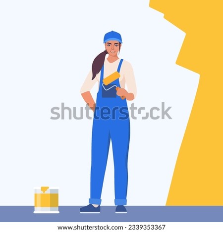 Painter woman painting house wall with roller brush. Worker girl using paint-roller and paint cans. Decorator job, interior renovation service. Vector illustration Stockfoto © 