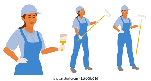 Painter woman poses set for infographics or advertisement. Female hispanic painter contractor. Set of full length vector flat characters isolated on white background