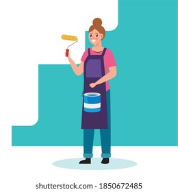 painter woman with roll and bucket design of remodeling construction working and repairing theme Vector illustration