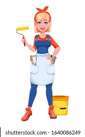 Painter woman with roller. Beautiful lady painter cartoon character. Stock vector