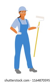 Painter woman is standing with a paint roller in her work clothes and safety goggles. Vector cartoon flat character  illustration isolated on white background