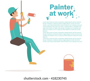 Painter at work. Banner for website, flyer. Vector isolated illustration. Cartoon character.