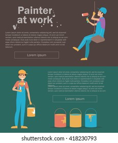 Painter at work. Banner for website, flyer. Vector isolated illustration. Cartoon character.