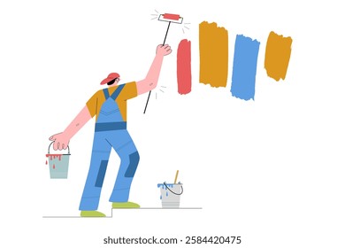 Painter in work clothes paints walls of house with long roller. Schematic illustration for placing advertising text on wall. Template for ads, store addresses, online trading, opening hours.