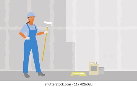 Painter at work. Female painter in uniform applying primer to wall with paint roller. Painter woman doing wall painting job in remodeled or freshly build house. Vector background with space for text