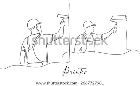 Painter At Work Line Art Depicting Wall Painting Continuous One Line Drawing