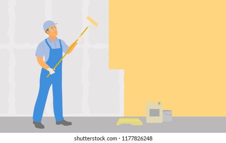 Painter at work. Male painter in uniform applying wall paint to with paint roller. Painter man doing wall painting job in remodeled or freshly build house. Vector background with space for text