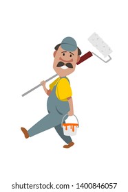 painter in work overalls with a bucket of paint and paint roller goes smiling