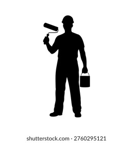 Painter worker with hand holding roller and paint can silhouette vector flat illustration design.