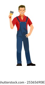 Pintor. Trabajador con mono. Divertido estilo de dibujos animados. objeto aislado sobre fondo blanco. Carácter de Vector de pie.