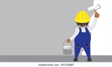 Painter worker with paint roller to painting white color at the wall,cartoon illustration