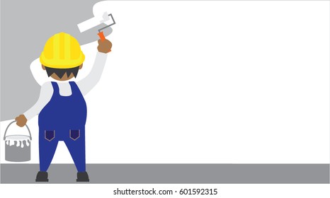 Painter worker with paint roller to painting white color at the wall,cartoon illustration