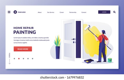 Painter worker paints wall with yellow paint. Handyman makes house repair works, staining and painting. Vector flat cartoon illustration. Home repair, decoration and restoration services concept