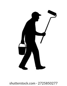 Silueta del trabajador del pintor que sostiene el rodillo y la lata de pintura