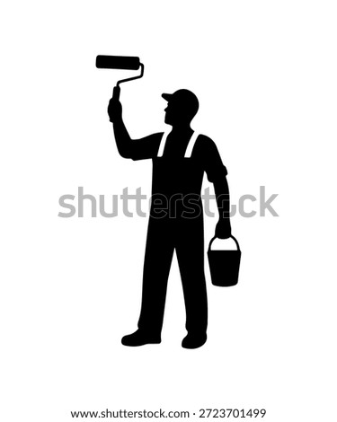 Painter worker silhouette holding roller and paint can