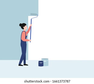 Painter worker woman paints the wall. Girl hold paint roller in hand. Flat vector cartoon modern illustration design. 