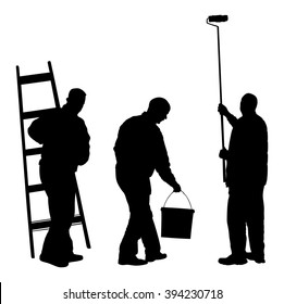 Painter workers with ladder vector silhouette isolated on white. Man decorator painting wall with paint brush roller. Crew renovation home. Handyman move in job. Washing window cleaning service action