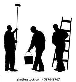 Painter workers with ladder vector silhouette isolated on white. Man decorator painting wall with paint brush roller. Crew renovation home. Handyman move in job. Washing window cleaning service action