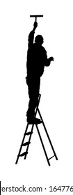 Painter workers on ladder vector silhouette isolated on white. Man decorator painting wall with paint brush roller. Crew renovation home. Handyman move in job. Washing window cleaning service action