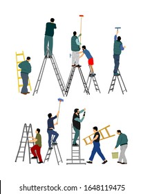 Painter workers on ladder vector illustration isolated on white. Man decorator painting wall with paint brush roller. Crew renovation home. Handyman move in job. Washing window cleaning service action