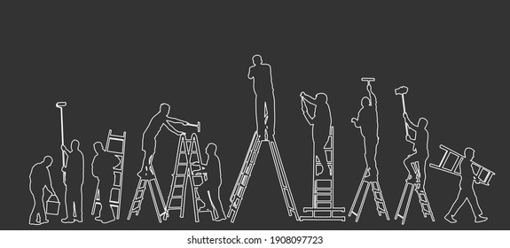 Painter workers on ladder vector silhouette line contour isolated. Man decorator painting wall with paint brush roller. Crew renovation home. Handyman move in job. Washing window cleaning service.