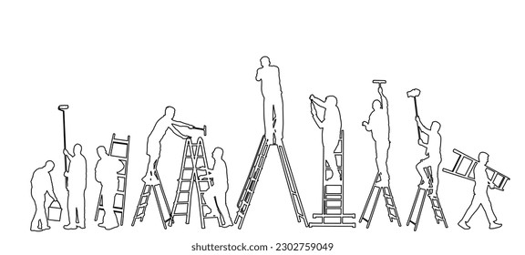 Painter workers on ladder vector silhouette line contour isolated. Man decorator painting wall with paint brush roller. Crew renovation home. Handyman move in job. Washing window cleaning service.