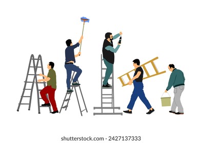 Painter workers on ladder vector illustration isolated on white. Man decorator painting wall with paint brush roller. Crew renovation home. Handyman move in job. Washing window cleaning service action