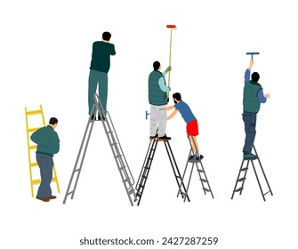 Painter workers on ladder vector illustration isolated on white. Man decorator painting wall with paint brush roller. Crew renovation home. Handyman move in job. Washing window cleaning service action