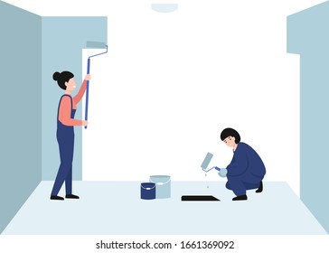 Painter workers women paints the wall. Girls hold paint rollers in hand. Flat vector modern cartoon illustration design.