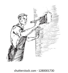 Painter working, holding big brush with paint, hand drawn doodle, sketch, black and white vector illustration