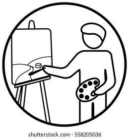 Pintor trabalhando em sua obra-prima. Ilustração de vetor linear