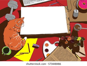 Painter workplace in top view with red cat and other things.