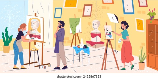 Taller de pintores. Los artistas que pintan la imagen de la escultura, el arte que trabaja lecciones de masterización en la sala de estudio, pintores profesionales crean el dibujo en el caballete, ilustración vectorial de artista elegante del pintor del taller