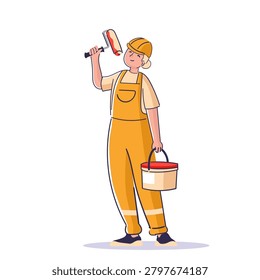 Painter in workwear holds paint roller and bucket, standing with relaxed posture and clean lines. Symbol of renovation, home improvement, labor, and service professionalism. Cartoon vector illustration.