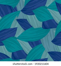 Painterly aqua blue tropical leaves seamless vector pattern background. Texture backdrop with overlapping layered single leaf painted effect foliage.Botanical repeat design. Monochrome all over print