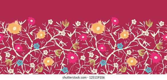 Painterly blossoming tree horizontal seamless pattern background