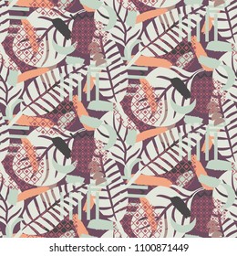 Painterly botanical background texture. Pastel toned seamless pattern. Jungle leaves abstract interpretation wrapping print.