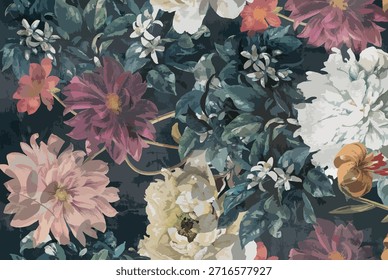 Painterly Floral Pattern Dark Botanical Garden Blooms