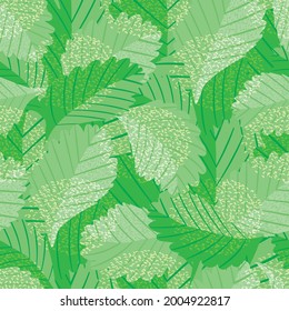Painterly green vector leaves seamless pattern background. Jungle style backdrop with overlapping varied foliage in monochrome green. Botanical nature texture repeat for summer, wellness, packaging