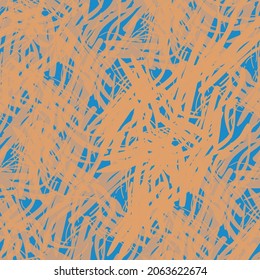 Painterly hessian fiber texture vector seamless pattern background. Backdrop with fabric style fragments of blue and orange yarn strands. Criss cross grid cotton weave material repeat