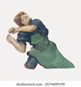 Painterly man in apron, dynamic pose. Apron-clad figure, action stance. Artistic depiction, apron and motion emphasized in the scene. Vintage man illustration isolated on white background, vector.