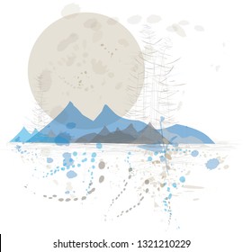 Painterly vector illustration of a landscape with a big moon and blue mountains. Paint splashes in blue and beige decorate the scene.