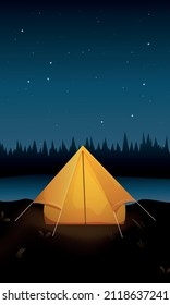 painterly vector illustration of a night summer camp with a tent on the background of the stars