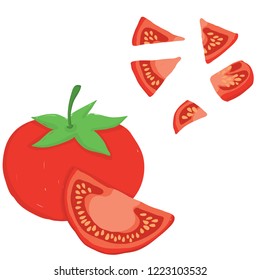 Painterly vector set of tomatoes, raw and sliced. Editable, scalable illustration isolated on a white background. Use it for recipes, restaurant menus and as food elements.