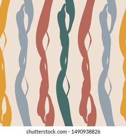 Painterly weave effect vertical stripes in warm tones of teal, red purple and orange. Seamless vector pattern on light background with homespun feel. Great for wellbeing, packaging, graphic design