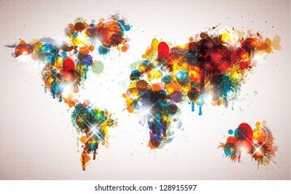 Painterly world map done in a cool contemporary color scheme.